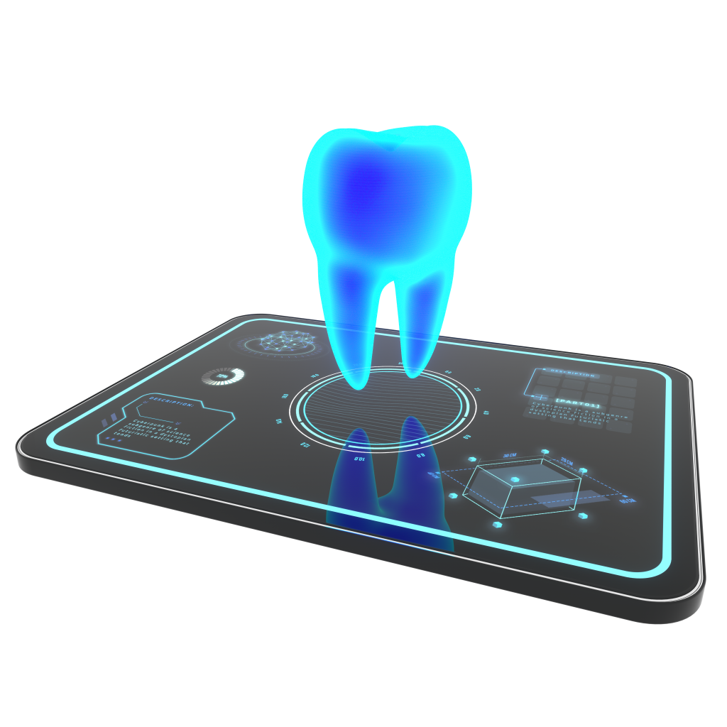 Über ein Tablet wird ein Zahn holografisch projiziert