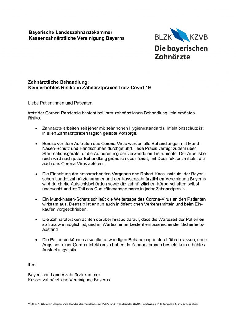 Informationsschreiben der Bayerischen Landeszahnärztekammer: Kein erhöhtes Risiko von Covid-19 bei zahnärztlicher Behandlung